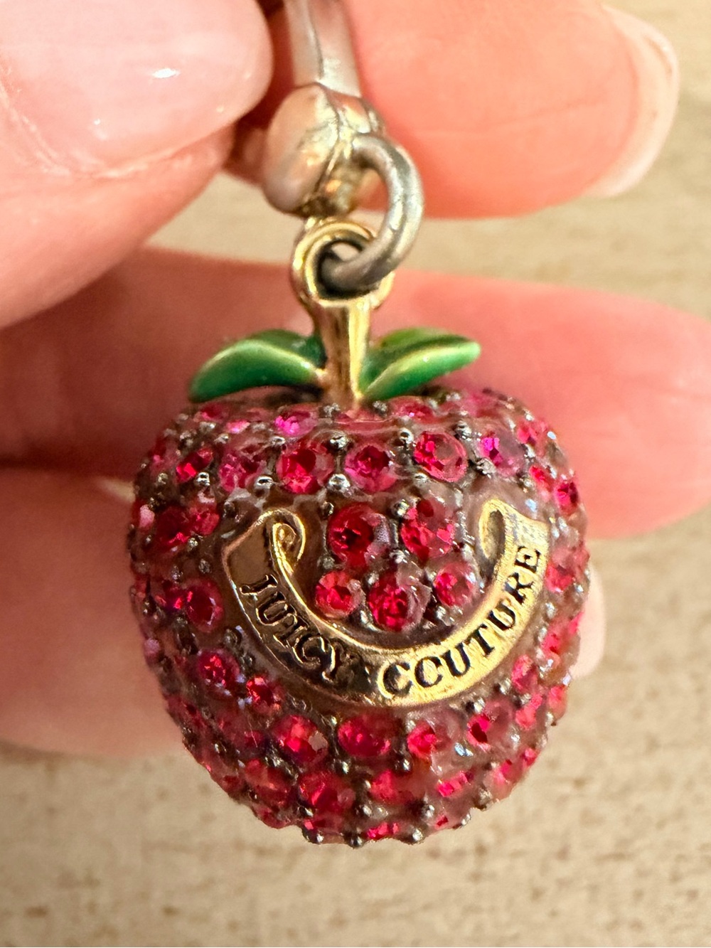 Juicy Couture Pink Crystal Strawberry Charm with Green Enamel Leaves